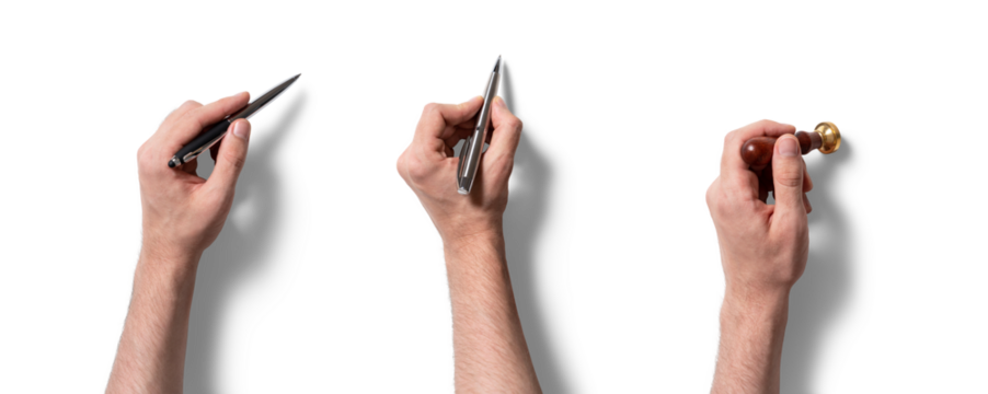 Three hands are shown holding a different writing instrument each, including a fountain pen, a ballpoint pen, and a wax seal stamp, inviting creativity and communication