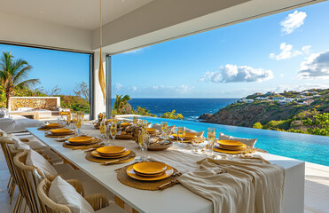 A photo of an elegant dining table set up on the terrace overlooking St. Barts, with gold and white accents.  Created with Ai