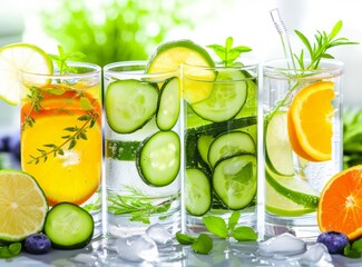 Refreshing lemonades with bright fruits and mint in the open air.