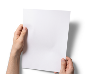 Hands grasp a blank sheet of paper at the center, highlighting the emptiness and potential for creativity in an inviting, bright indoor environment