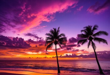 vibrant beach sunset featuring silhouetted palm trees colorful sky, orange, red, blue, yellow, nature, landscape, evening, clouds, horizon, water, ocean