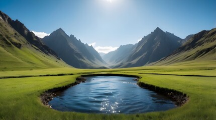 lake in the mountains and grass