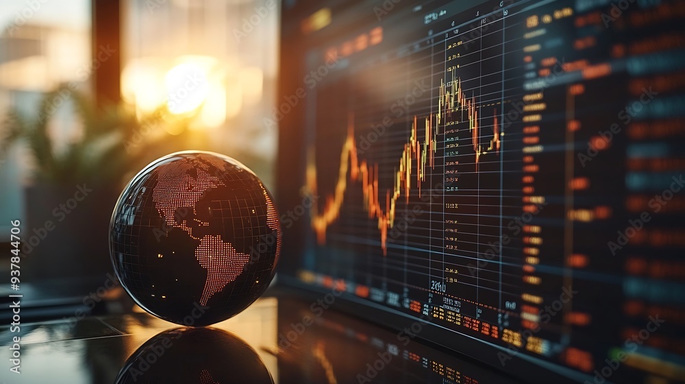 Poster Stock market graphs and data with globe in foreground : Generative AI