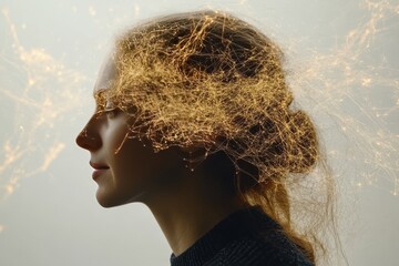 A woman with golden neural connections symbolizing the elegance intelligence and sophisticated power of human thought in a warm conceptual artistic portrayal