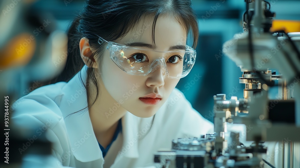 Poster industrial engineer working on robot maintenance in ai futuristic electronic technology factory fema
