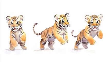 Obraz premium Set of baby tigers, striped fur, pouncing playfully, isolated, white background, Watercolor style