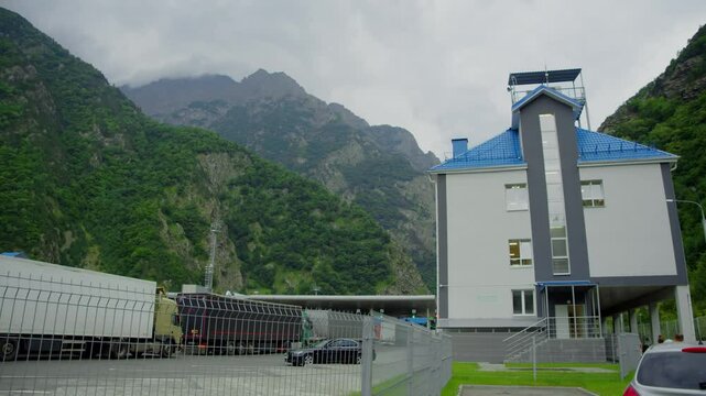 Traffic congestion caused by trucks carrying goods for export at a checkpoint located in the mountains on the border between Russia and Georgia, at Verkhniy Lars.