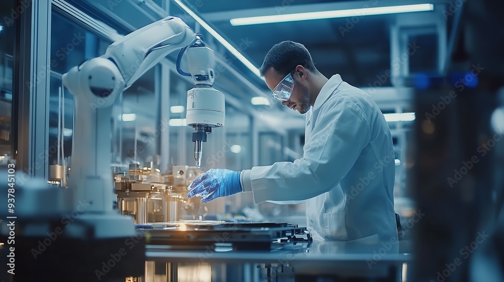 Aufkleber Industry 40 Engineer use monitoring system software and record data of ai robotics automatic arms machine working on network in intelligent factory Ai Machine learning Digital manufact : Generative AI