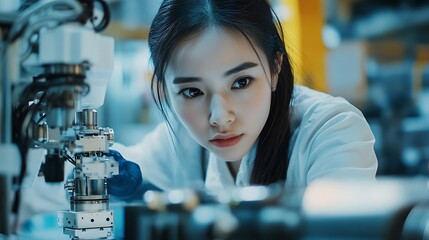 Industrial engineer working on robot maintenance in AI futuristic electronic technology factory Female technician checking automated robotic machine Modern smart woman empowerment in i : Generative AI
