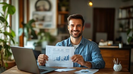 Obraz premium A portrait of a cheerful male financial advisor holding a finance report in his hand and sitting in front of a laptop at a wooden desk at home : Generative AI