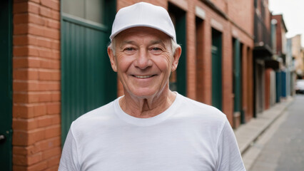 Fototapeta premium Senior man wearing white t-shirt and white baseball cap standing in a city alley