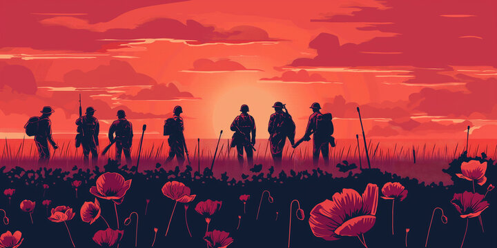Silhouettes of soldiers at poppy field in the glow of sunset. Remembers Day background.