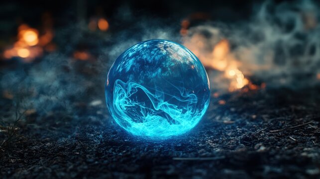 Blue smoke on a black background with a crystal ball energy magic sphera