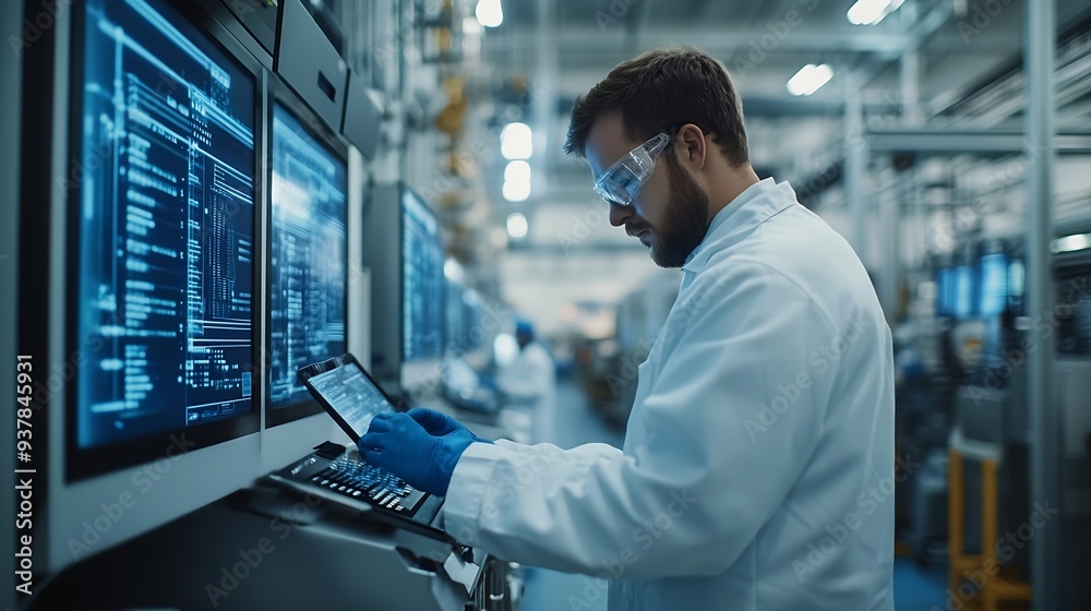 Poster Worker following factory production line uses screens with industry Internet of things Smart factory digital transformation : Generative AI