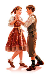 Girl and boy in traditional Bavarian clothes dancing at Oktoberfest celebration. Illustration on a white background.