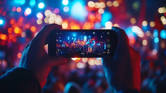 Backlit stage with vibrant lights at outdoor music festival Fans record live performance on smartphones Excitement in air band plays hit songs Summer night event audience enjoys concer : Generative AI