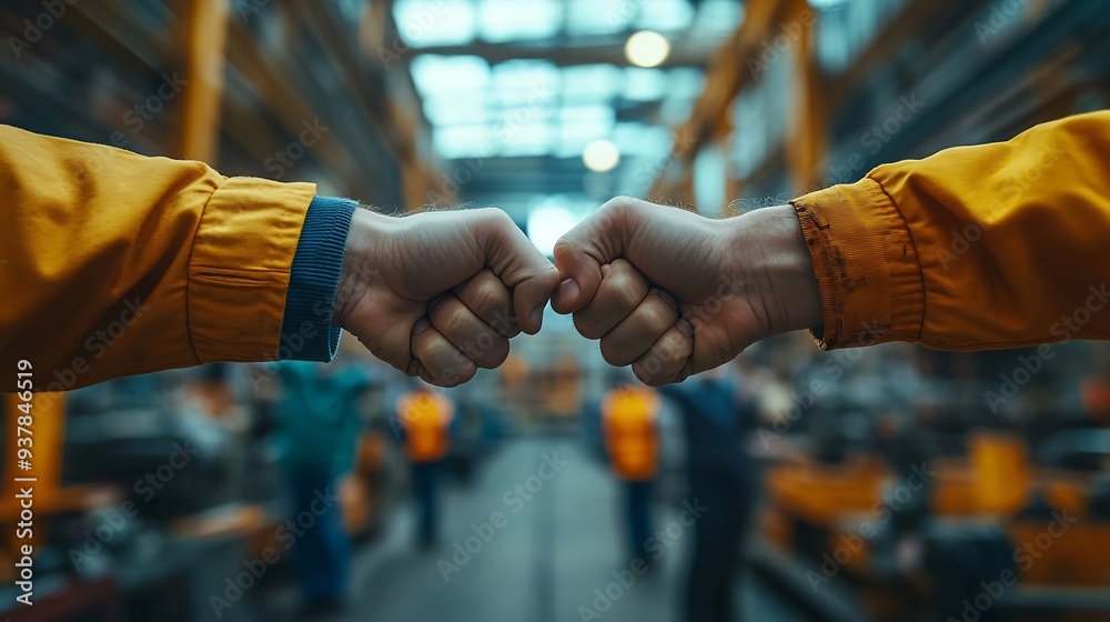 Fototapete group of industrial factory workers bumping fists togethershowing gesture for teamwork or unity : ge