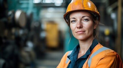 Portrait of a heavy equipment female engineer from a huge industry who came to inspect the metal sheet factorys machinery : Generative AI