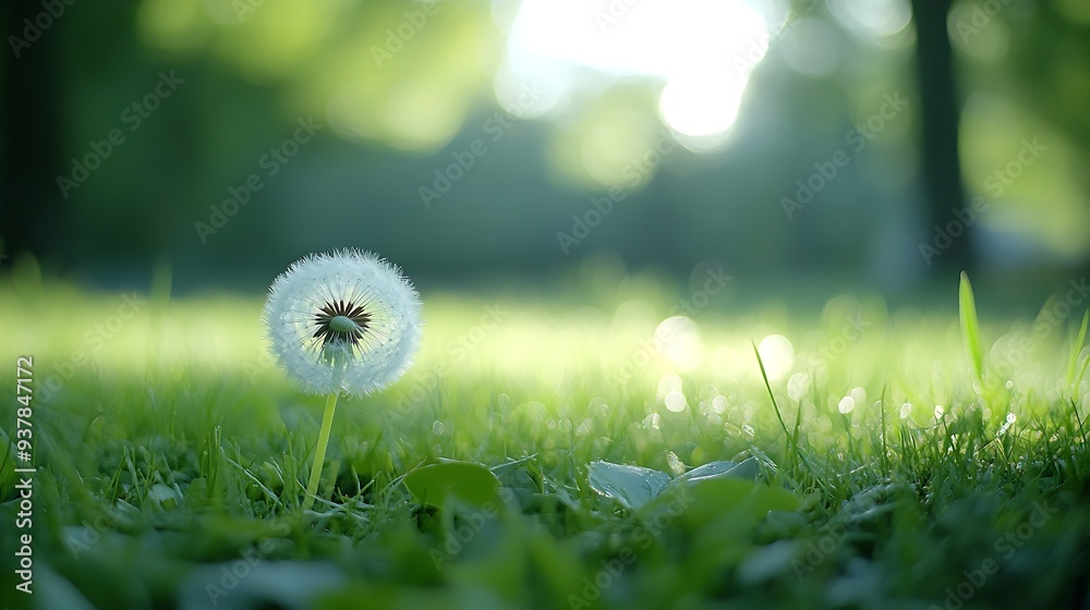 Leinwandbilder White dandelion in a green grass on a forest meadow Macro image shallow depth of field Abstract summer nature background : Generative AI