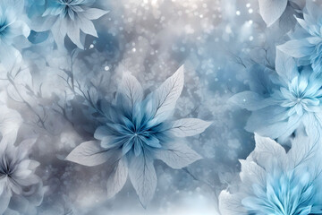 winter abstract background with poinsettia flowers in wintery colors of blue and gray like Christmas background 