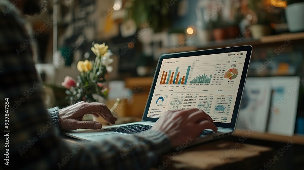 Aufkleber Businessman using laptop computer analyzing sales data and financial report business growth graph chart digital marketing planning and strategy financial report business finance and in : Generative AI