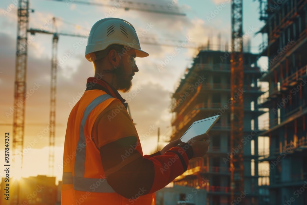 Poster a worker in a hard hat holds a tablet on a construction site