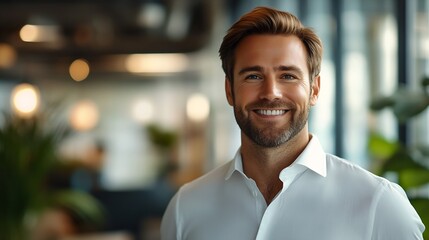 Fototapeta premium Smile confident and portrait of businessman in office with pride positive and professional attitude Happy career and male financial advisor from Canada at startup company for finance g : Generative AI