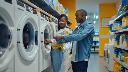A couple is evaluating washing machines at a store, discussing features and options as they consider a purchase