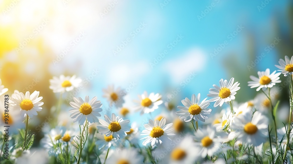 Aufkleber beautiful blurred spring background nature with blooming glade chamomile trees and blue sky on a sun