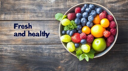 vibrant bowl of mixed fresh fruit on a wooden table, text "Fresh and healthy" integrated into the fruit arrangement
