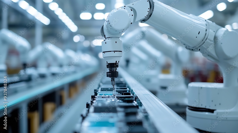 Aufkleber row of white robotic arms at automated production line at bright modern factory industrial robot arm