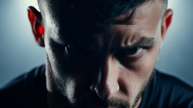 Determined male athlete, sweating and focused, trains intensely in the gym, embodying motivation, strength, and willpower