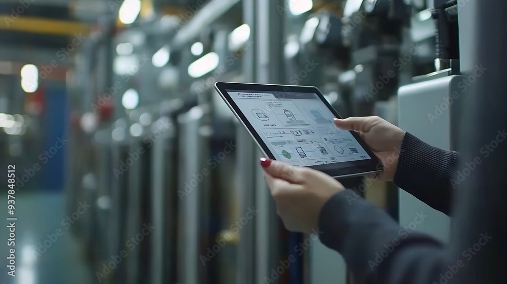 Poster Smart industry control conceptHands holding tablet on blurred automation machine as background : Generative AI