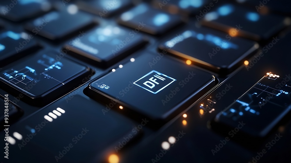 Poster DeFi Decentralized Finance  blockchainbased form of finance that does not rely on central financial intermediaries technology concept button on keyboard : Generative AI