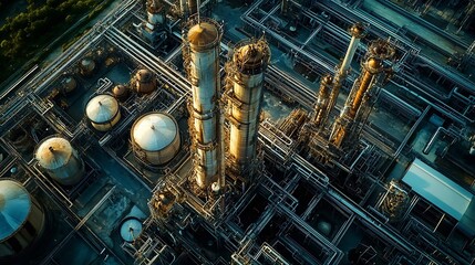 Fototapeta premium Aerial view of refinery chemical plant in industrial area : Generative AI