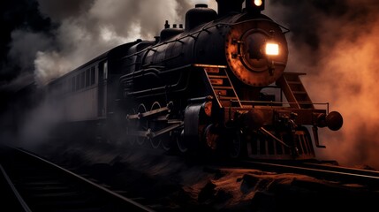 Obraz premium A steam locomotive runs at high speed in the twilight while smoke. Neural network ai generated art