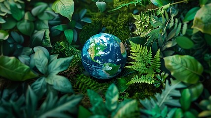 Close-up shot of a globe surrounded by lush green foliage for representing Earth's beauty nature preservation environmental protection and global sustainability concept.