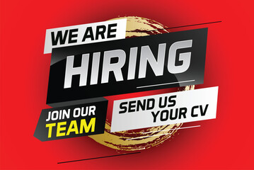 Hiring recruitment design for banner poster. We are hiring lettering with geometric shapes lines. Vector illustration typographic. Open vacancy design template

