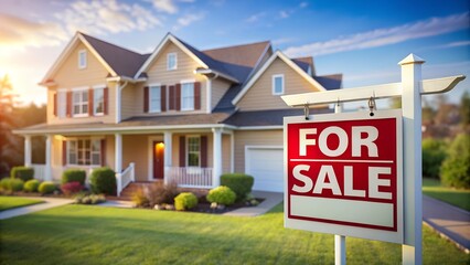 House on blurred background with sign for sale. Ai generative illustration 