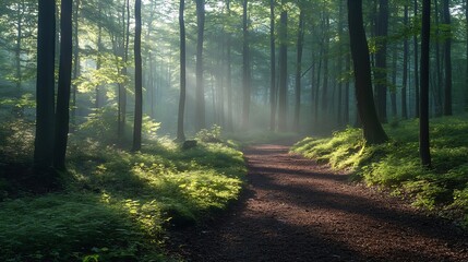 Obraz premium Hiking trail through natural green beech forest in the morning light the sun shines through the morning mist Ziegeroda Forest SaxonyAnhalt Germany Europe : Generative AI
