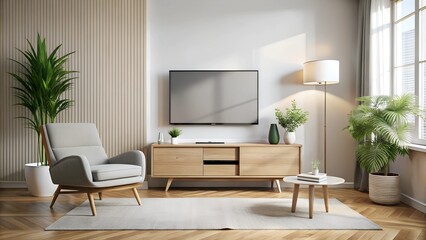 Living room interior with chair and tv set on drawer, mockup screen, tv. Ai generative