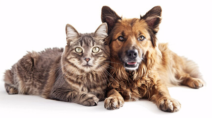 Portrait of a dog and a cat on a white background, isolated in a studio setting, representing domestic pets and friendship