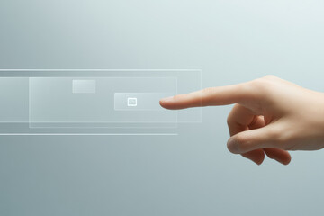 A human hand reaching out and interacting with a futuristic virtual touch interface, representing technology and innovation.