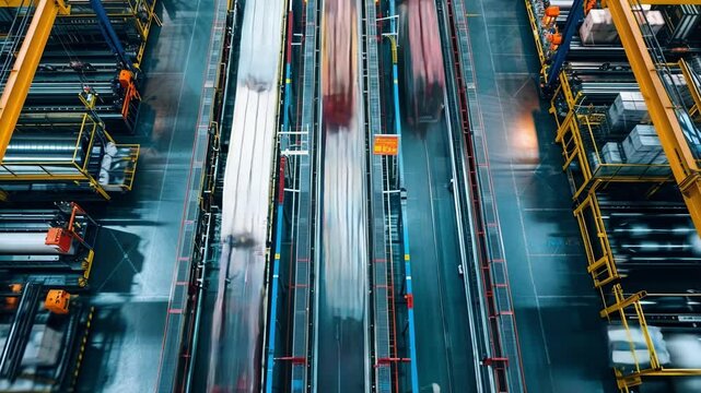 Packages are moving on conveyor belts in a busy logistics warehouse, showcasing the speed and efficiency of modern supply chains. Forklifts and workers are operating in the background