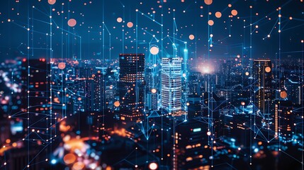 Abstract of cityscape with digital network overlay city lights and buildings connected by lines and dots representing flow of information and communication in modern world concept.