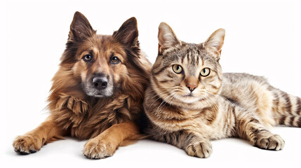 Fototapeta premium Portrait of a dog and a cat on a white background, isolated in a studio setting, representing domestic pets and friendship