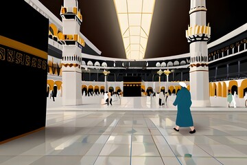  A vibrant painting depicting diverse people walking around the Kaaba, showcasing unity and devotion in a sacred space.