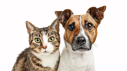 Obraz premium Portrait of a dog and a cat on a white background, isolated in a studio setting, representing domestic pets and friendship