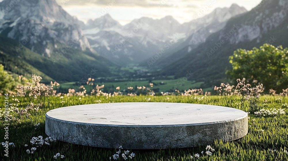 Aufkleber abstract 3d render platform and mockup natural background stone podium on the grass field backdrop m