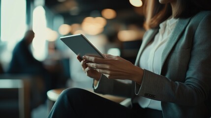 Businesswoman using a digital tablet during a team meeting, focusing on technology and collaboration
